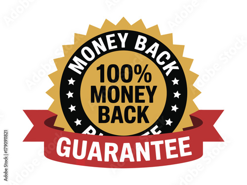 A money back guarantee emblem features a gold starburst with black stars and text reading '100% MONEY BACK GUARANTEE' prominently displayed with a red ribbon banner underneath.