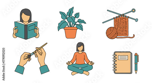 Mindful hobbies icon set for self-care and wellness. Flat outline vector illustrations of reading, knitting, and meditation. Isolated graphic design elements for collage