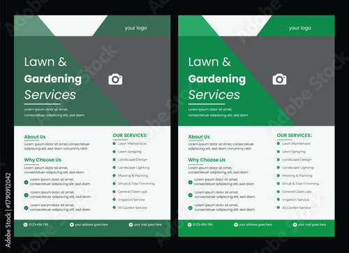 Multipurpose Lawn Care and Gardening Design Template, Perfect for Flyers, Posters, Brochures, Banners, Carousels, and Business Promotions, . Aerial view of a circular garden with green lawn and landsc