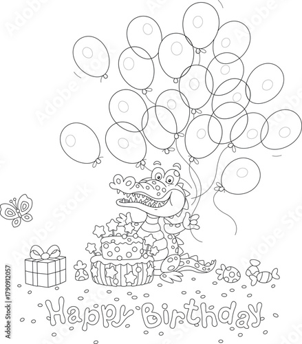 Greeting card with a happy crocodile and a fancy birthday cake, a gift box and flying holiday balloons, black and white vector cartoon illustration for a coloring book
