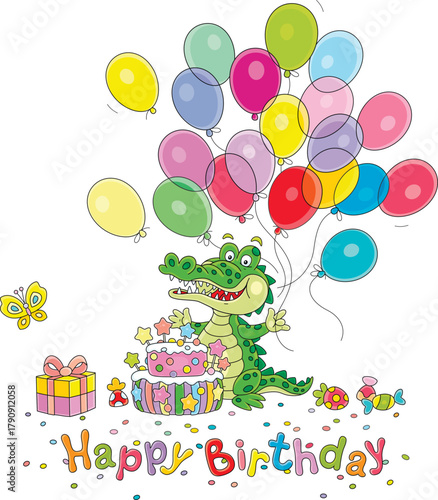 Greeting card with a happy green crocodile with a fancy birthday cake, a gift box and flying holiday balloons, vector cartoon illustration on a white background