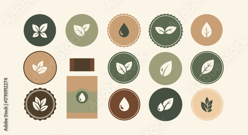 Natural cosmetic branding elements and icon set. Flat design logos with leaf and oil drop symbols. Vector illustration for organic product packaging and labels