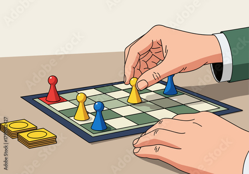 A person's hand moving a pawn on a solo board game. Strategic tabletop game and leisure activity concept. Cartoon vector illustration