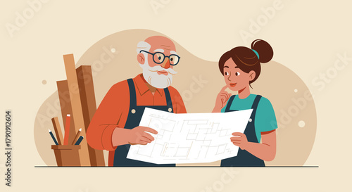 An experienced craftsman and a young apprentice reviewing a blueprint. Teamwork, mentorship, and collaboration in an architecture or engineering project. Vector illustration