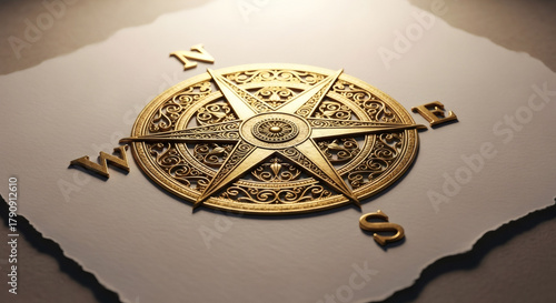Ornate golden compass rose with north south east and west letters
