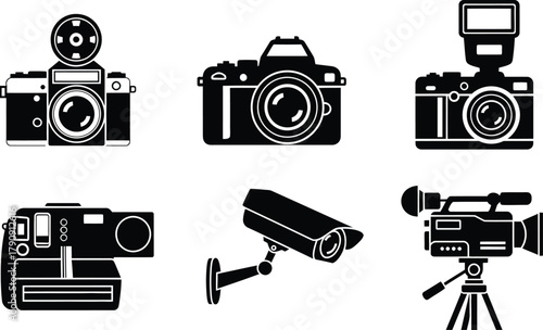 Collection of black and white silhouettes of various cameras and video recording devices