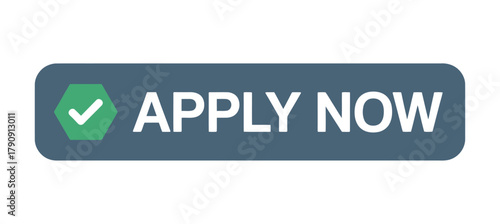 A dark grey button with rounded corners displays the text 'APPLY NOW' in white, preceded by a green hexagon containing a white checkmark.