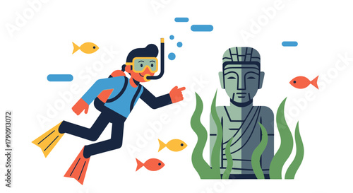 Diver Exploring Ancient Underwater Statue With Fish Swimming Around Vector Illustration