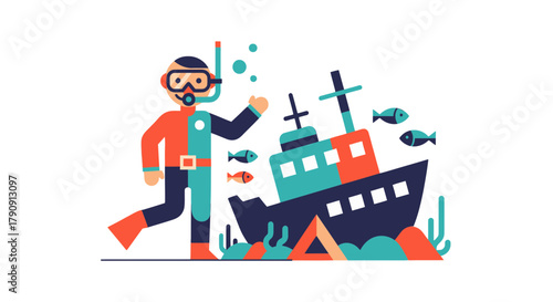 Diver Exploring Sunken Ship in The Depths of The Ocean Illustration Design