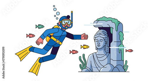 Diver Exploring Ancient Statue Underwater Against Black Background, Adventure Scene Illustration