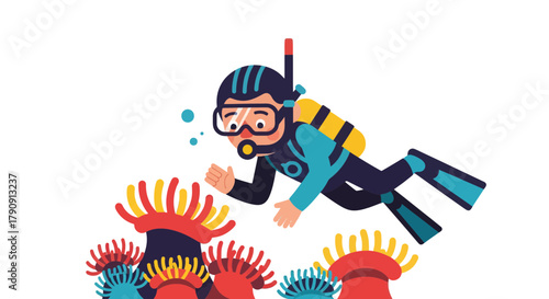 Drawn Diver Explores Vibrant Underwater Reef Amidst Exotic Anemones And Bubbles