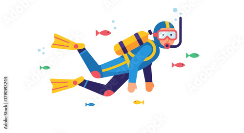 Drawn Diver Swimming Underwater With Fish, Ready To Explore Aquatic Universe