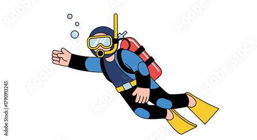 Drawn Diver With Diving Equipment in The Deep Water and Bubbles Floating Around