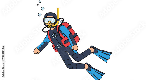 Drawn Diver Swimming Underwater With Oxygen Tank And Bubbles In Dark Environment