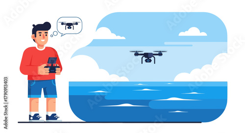 Drone Operator Controlling Aircraft Above the Water In Colorful Illustration