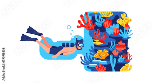 Diver Exploring The Vibrant Underwater Coral Reef, Enjoying The Aquatic Exploration Adventure