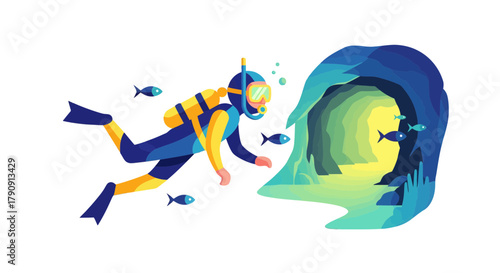 Diver Exploring Underwater Cave in Vivid Colors Amidst Swimming Fishes