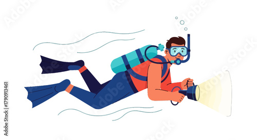 Diver Exploring Underwater Depths Holding a Powerful Lamp Searching the Ocean Floor