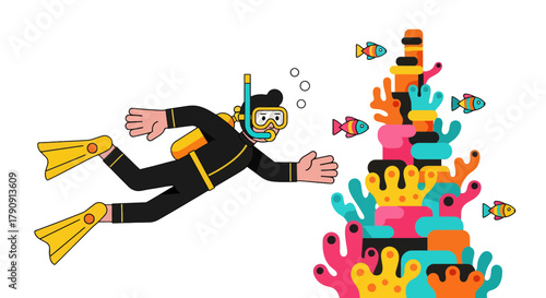 Diver Exploring Underwater World With Colorful Corals And Fish, Adventure Illustration