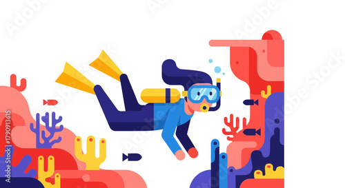 Diver Exploring Underwater World With Colorful Corals And Simplified Aquatic Life