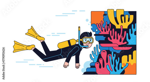 Diver Exploring Underwater World With Coral Reefs in Colorful Illustrator Art