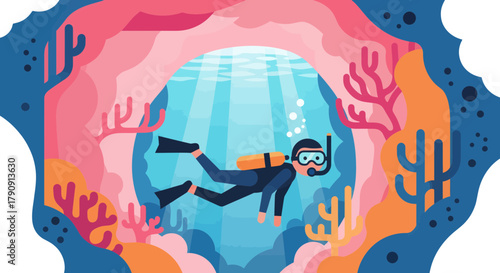 Diver Exploring Underwater World With Coral Reefs, Minimalist Artistic Illustration