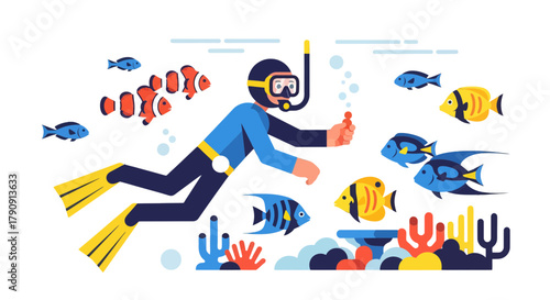 Diver Exploring Underwater World With Diverse Marine Life Among Coral Reefs And Bubbles