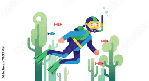 Diver Exploring Underwater World With Fish And Vegetation Illustrative Vector Graphics