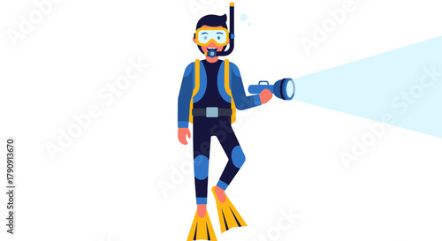 Diver Exploring Underwater World With Flashlight Illuminating The Dark Depths