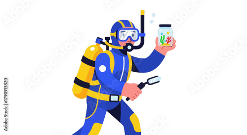 Diver Holding Underwater Specimen Illustration Depicting Marine Life Exploration