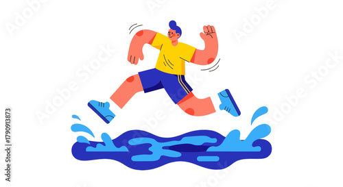 Energetic Athlete Leaping Over Water, Illustrative Depiction With Bold Colors and Dynamic Action