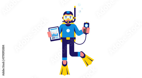 Diver Holding Electronic Devices and Tablet: Underwater Exploration with Analysis