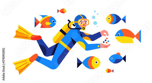 Diver Interacting With Colorful Fish in a Deep Black Sea Environment Scene