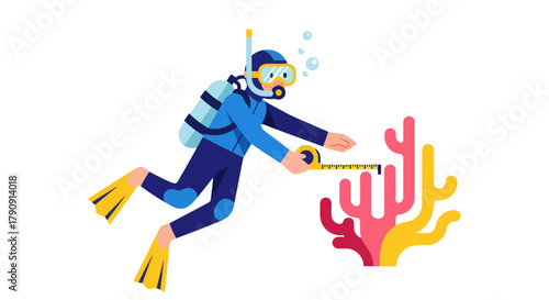 Diver Measuring Coral: Underwater Science And Exploration Illustration On Black Background