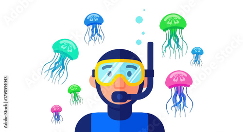Diver Observing Diverse Jellyfish Species In A Deep Ocean Environment Illustration