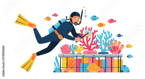 Diver Observing And Studying Marine Life Close To Coral Reef With Small Fishes