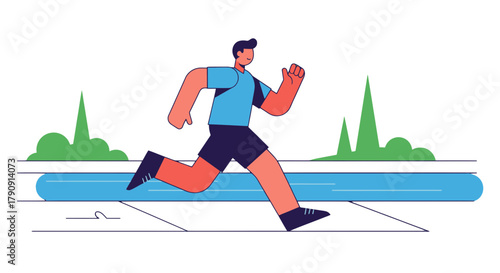 Energetic Athlete Sprinting Across Abstract Landscape With Simplified Color Palette