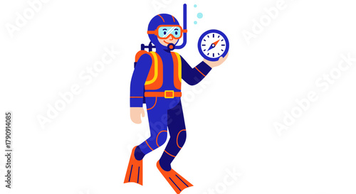 Diver Observing Compass Underwater Illustrative Artistic Design Within Black Background