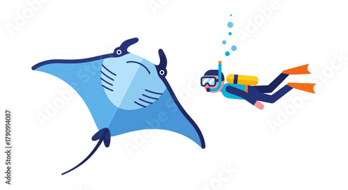 Diver Observing Large Manta Ray Swimming In Deep Ocean Waters With Black Background