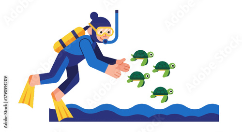 Diver Observing Sea Turtles Ascending From The Deep Blue Ocean Water