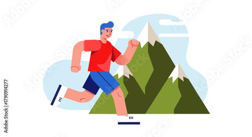 Energetic Athlete Trails Through Mountainous Terrain Depicted In Vibrant Cartoon Illustration