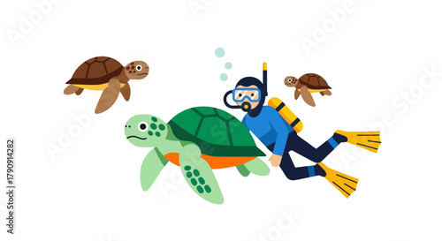 Diver Observing Turtles In Their Natural Habitat Amidst Bubbles With Underwater Creatures