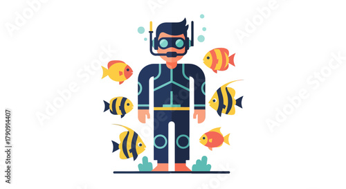 Diver Surrounds By Exotic Fishes With Bubbles Depicting Adventure Exploration Undersea