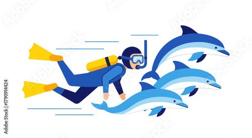 Diver Swimming Alongside Playful Dolphins in the Deep Ocean Depicting Marine Life
