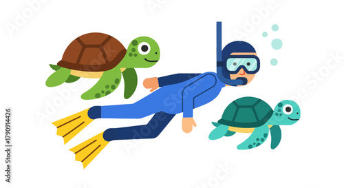 Diver Swimming Among Sea Turtles In The Deep Blue Ocean With Colorful Cartoon Illustration