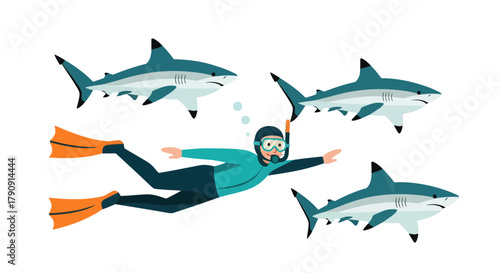 Diver Swimming Among Sharks With Snorkel Over Black Background For Fun