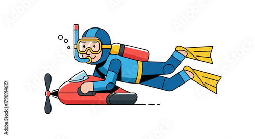 Diver Utilizing Personal Underwater Propulsion Unit With Flotation Devices And Mask