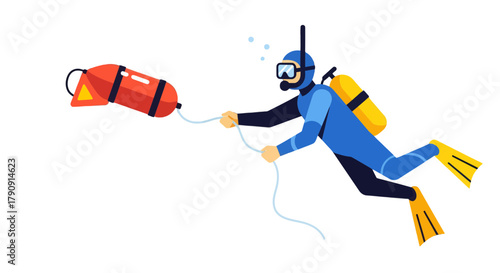 Diver Utilizing Water Safety Equipment Underwater Recreation Illustration in Black Background