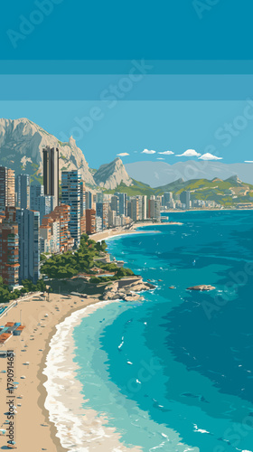 Cityscape of Benidorm, city of Spain, attractive touristic advertisement poster, beautiful touristic must-see destination. Beautiful tourist destination. Winter destination for elderly, senior people.