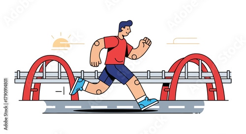 Energetic Runner Crossing a Bridge with Determined Pace Towards The Horizon